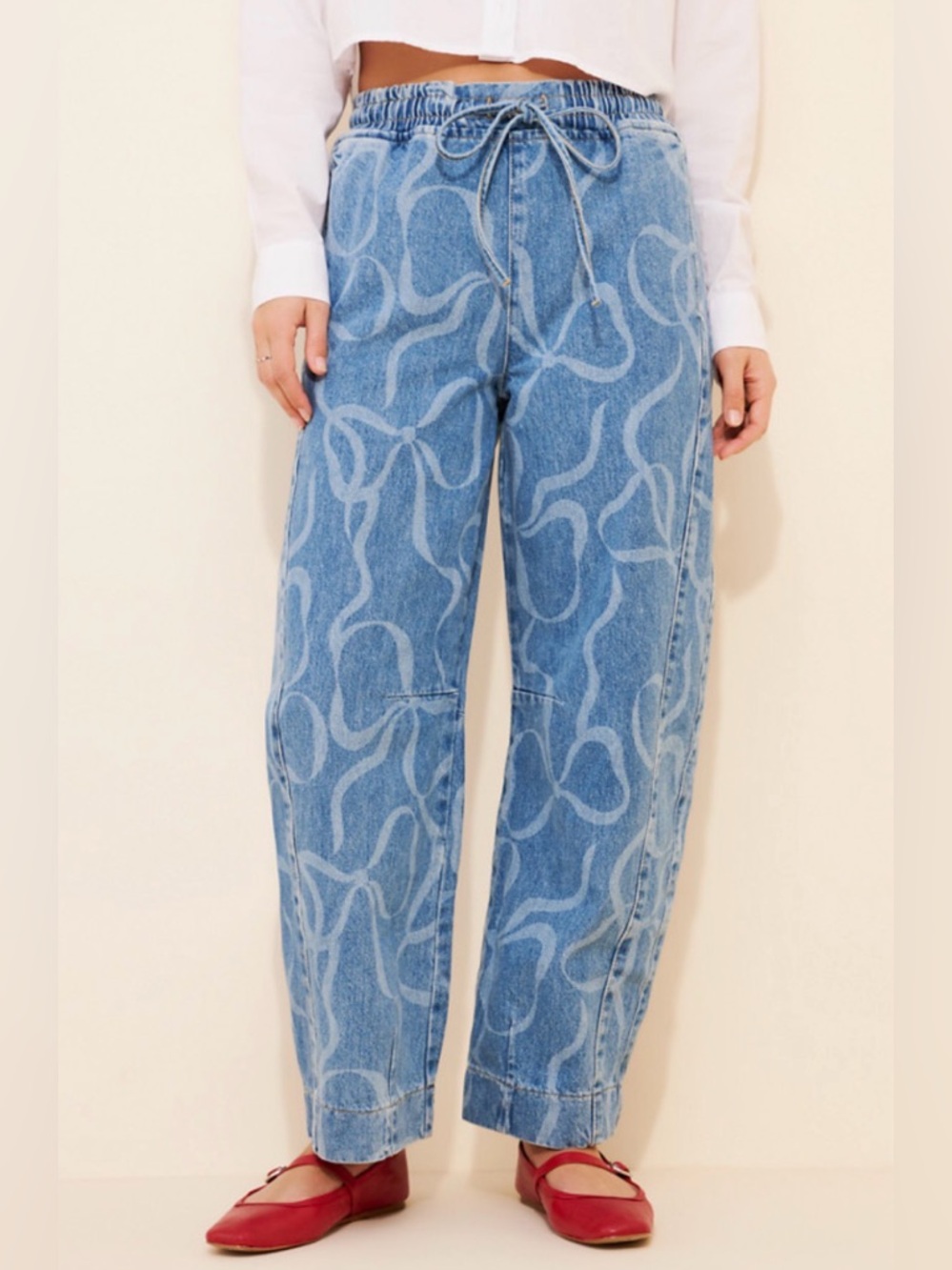 Damson Madder Felix Bows Drawstring Barrel Jeans Pull On Elastic Waist Size US 8